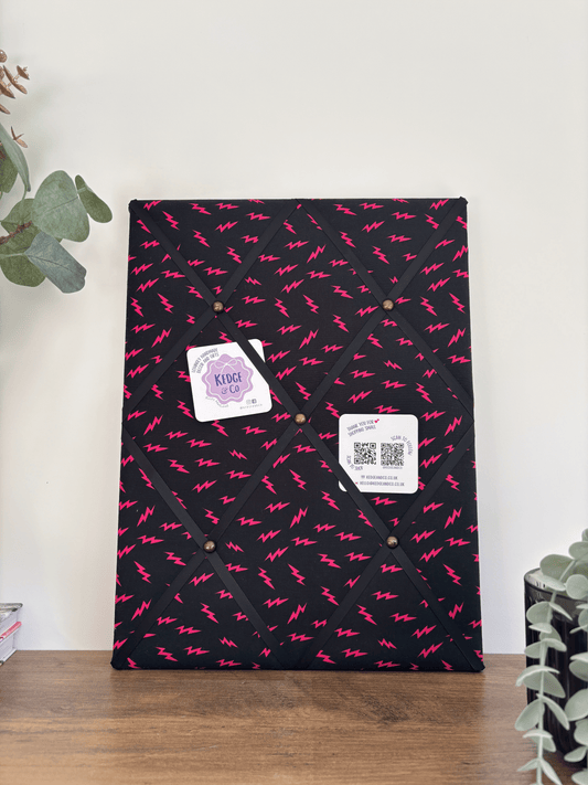 The BOLD Collection: Black and Pink Lightning Bolt Fabric Notice Board