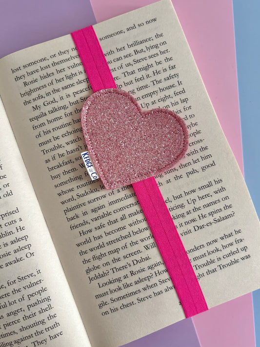 Bright Pink Glitter Heart Elastic Bookmark