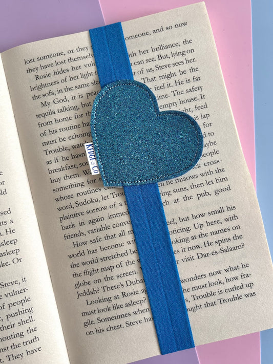 Blue Glitter Heart Elastic Bookmark