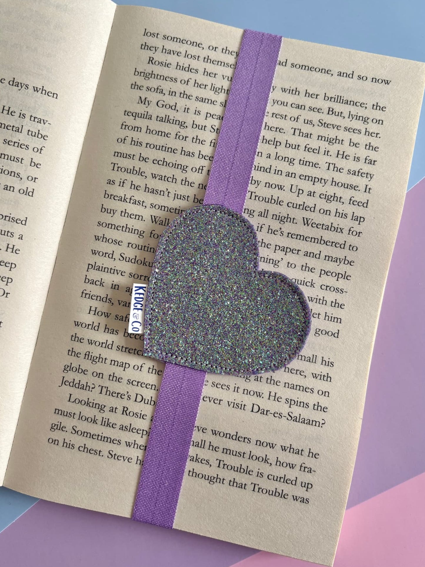Purple Glitter Heart Elastic Bookmark