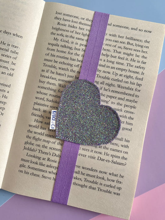 Purple Glitter Heart Elastic Bookmark