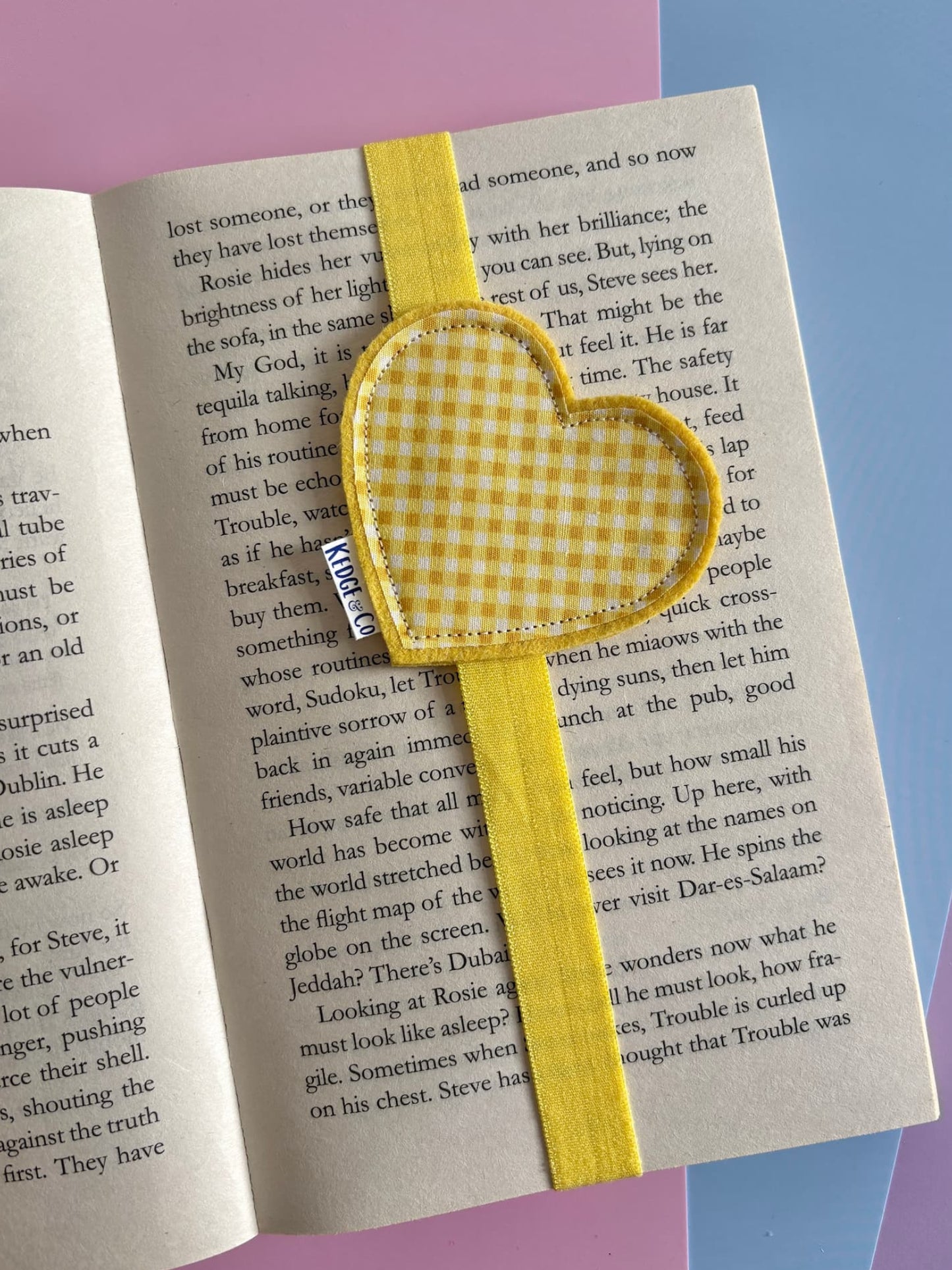 Yellow Gingham Heart Elastic Bookmark