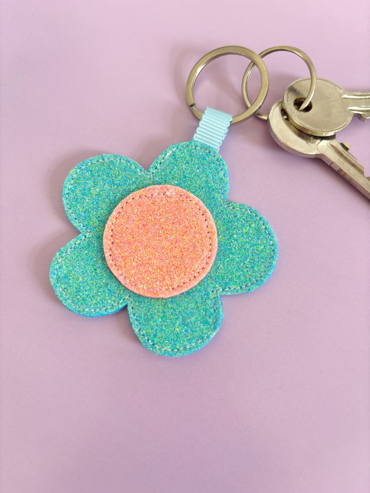 Blue Flower Glitter Keyring