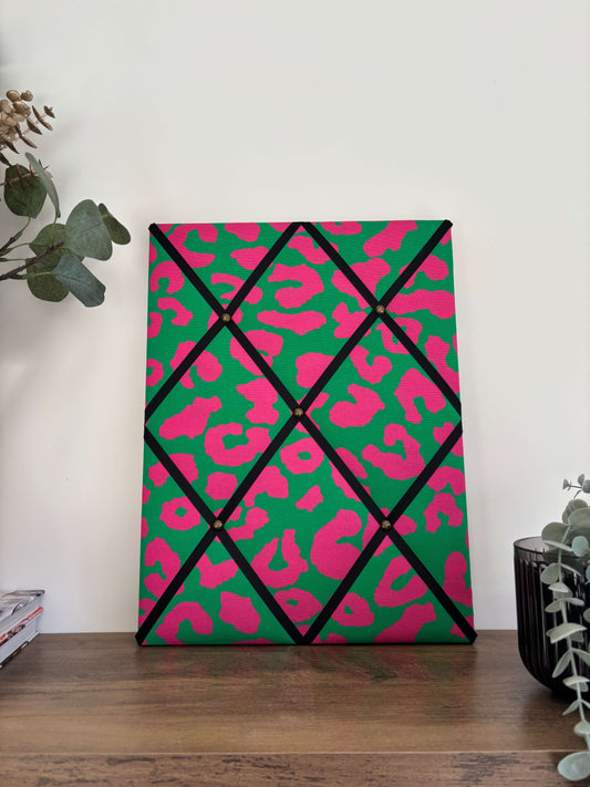 The BOLD Collection: Pink and Green Leopard Print Fabric Notice Board